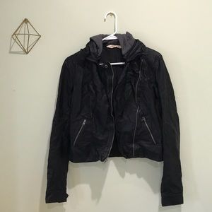 Hollister Leather Jacket with Gray Hoodie